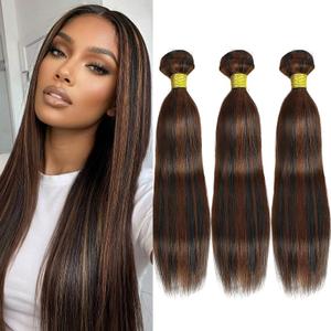 16 18 20 Inch Brown Highlight Human Hair Bundles Straight Light Brown Hair Bundle Brazilian Virgin Bundles Straight Hair Weave for Black Women (Black and Light Brown,#P1B/30)
