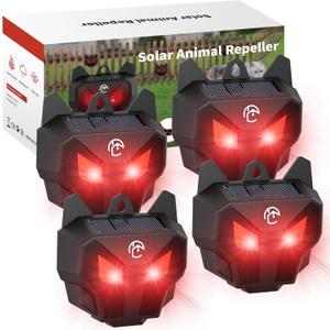 X-PEST Solar Nocturnal Animal Repeller with Red LED Flashing Lights Effective Coyote, Raccoon, Skunk, Deer & Hawk Deterrent Waterproof Predator Lights for Yards, Gardens & Chicken Coops, 4 Pack