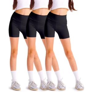 3 Pack Girls 4'' High Waisted Black Biker Shorts, Athletic Running Yoga Shorts for Kids Teen (Large)