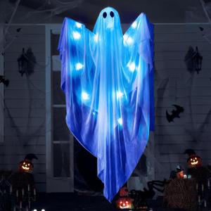 JOYIN Halloween Hanging Light up Ghost with Spooky Blue LED Light, 47 White Ghosts Halloween Hanging Decoration for Front Yard Patio Lawn Garden Party Decor Indoor Outdoor