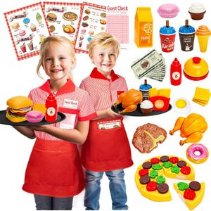 Restaurant Server Play Toys Set for Boys Girls Age 3-8, Role Play Set with Unisex Server Dress-Up Costume, Play Food, Play Money, Menu for Kids Play Kitchen, Restaurant,Xmas Stocking Stuffers for Kids