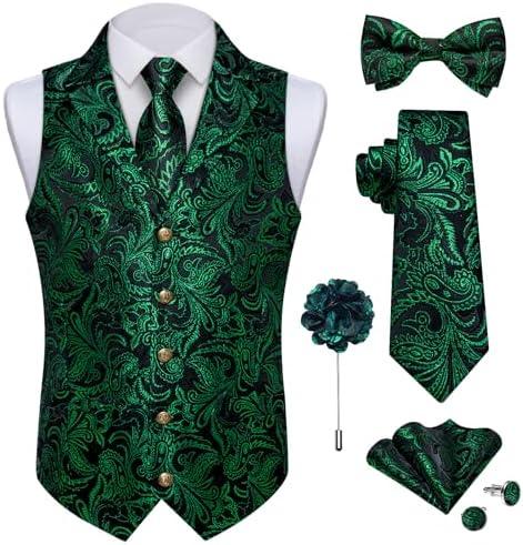 DiBanGu Silk Paisley Vest for Men Wedding Waistcoat and Necktie Bowtie Lapel Pin Set 7PCS Dress Vests for Suit or Tuxedo S