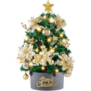 Mini Christmas Tree with Lights: 2ft Tabletop Christmas Tree, Small Artificial Xmas Tree with Star Treetopper, LED String Light & Hanging Ornaments, for Desk Christmas Decors Home Office Party
