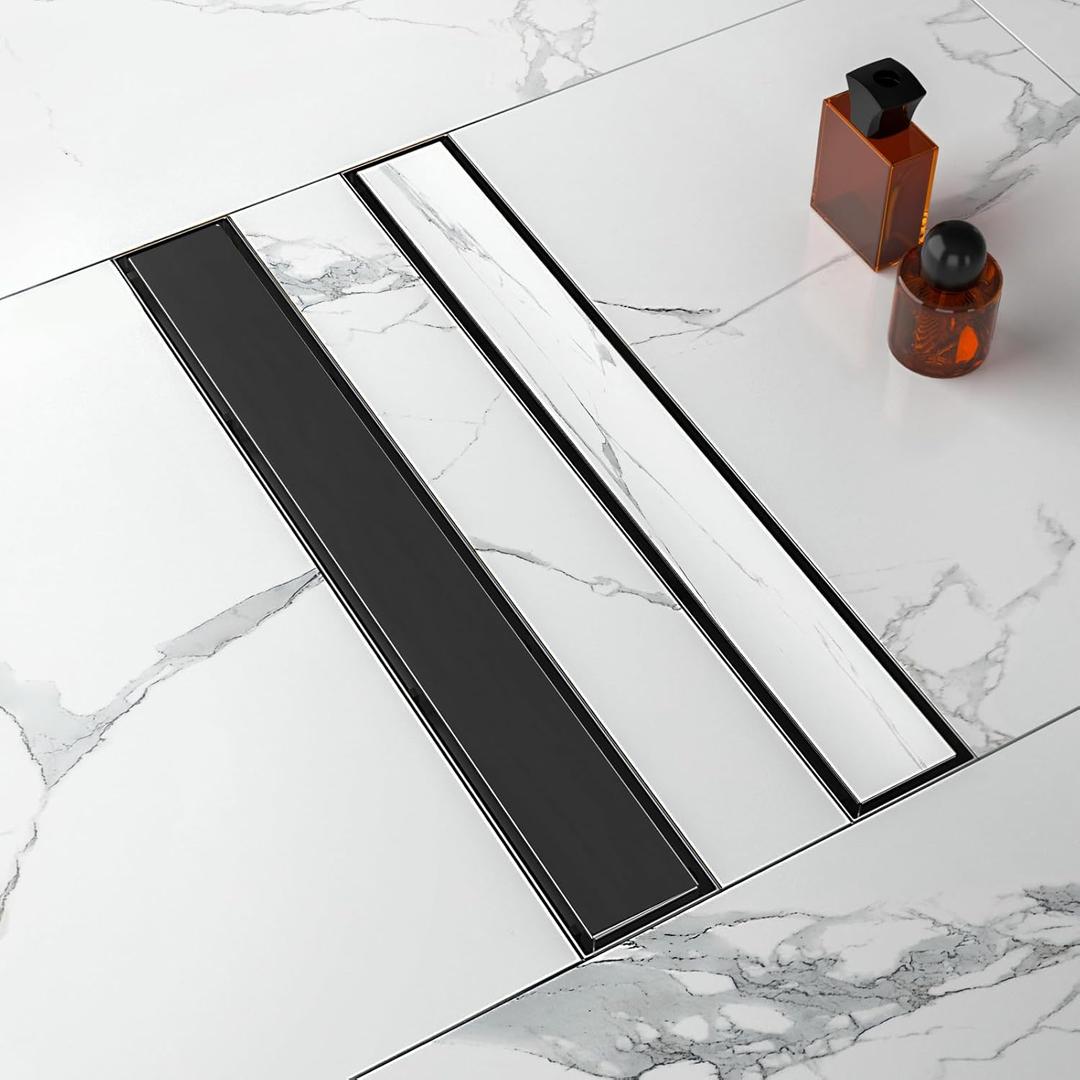 28-Inch Linear Shower Drain with Tile Insert Grate, SUS 304 Stainless Steel Linear Drain, Matte Black Long Rectangle Shower Floor Drain with Leveling Feet, Hair Strainer, Fits Bathroom