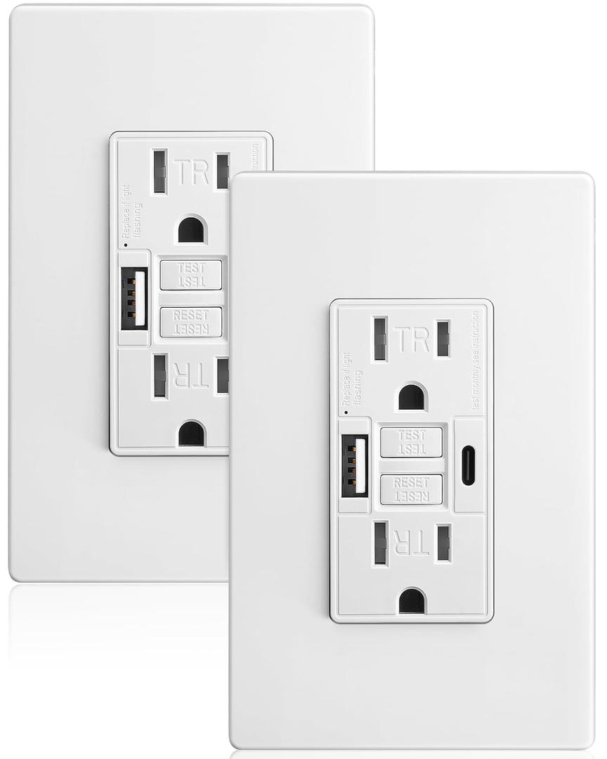 SURAIELEC 15 Amp GFCI Outlet with USB-C & USB-A Ports, Self-Test GFCI Electrical Outlet Combination with USB, Tamper-Resistant GFCI USB Outlet, Screwless Wall Plate Included, ETL Listed, White,2-Pack