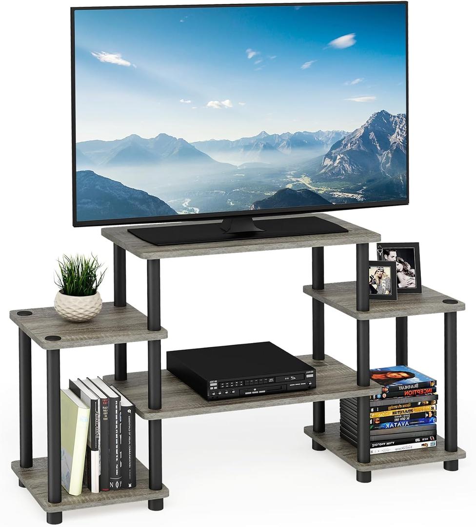 Furinno Turn-N-Tube No Tools Entertainment Center, Round Square Corner, French Oak Grey/Black, 41.5*11.6*22.85 inch