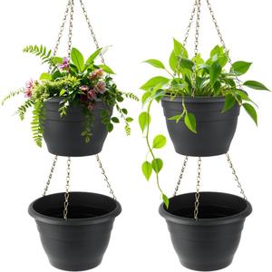 RooTrimmer Hanging Planters 10 Inch, 4 Pcs Flower Pots with Drainage Hole, Self Watering Hanging Basket for Indoor Outdoor Plants, Decor, Gray