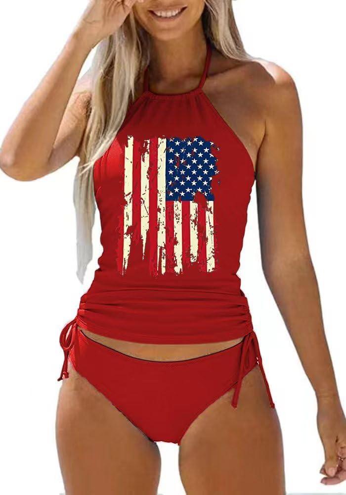 Womens Two-Piece Tankini Set Cow Skull with Leopard Print Sets Swimwear Tankini Top Sets Swimwear (Medium, Flag-red)