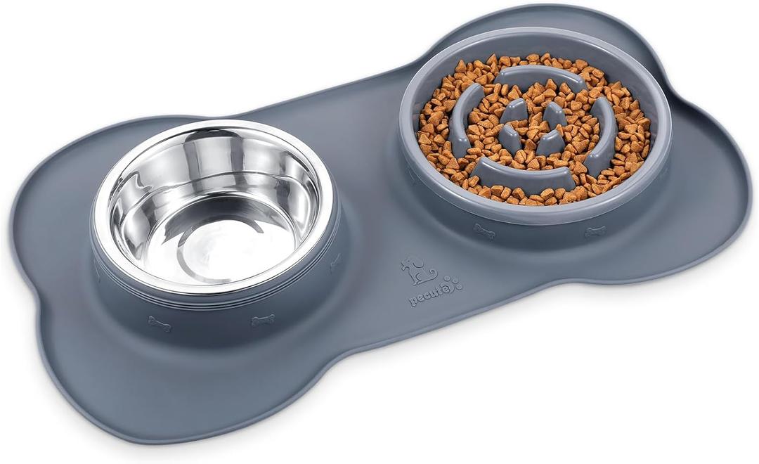 Pecute Slow Feeder Dog Bowls to Slow Down Eating, Dog Bowl Slow Feeder with No-Spill Non-Skid Silicone Mat, Food-Grade Safe Dog Food Bowls Slow Feeder, Stainless Steel Dog Water Bowl for Dogs Cats (Large-2 Cup/17 oz each, Grey)