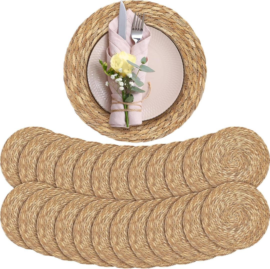 Aneco 24 Pack 13.8-Inch Round Woven Placemats Natural Hand-Woven Boho Rattan Wicker Bulrush Placemat Farmhouse Rustic Braided Table Mats for Dining & Kitchen Decor