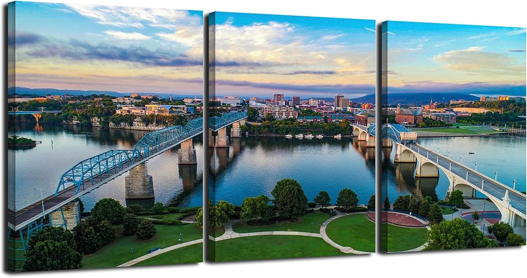 Chattanooga Skyline Wall Decor Tennessee Wall Art Walnut Street Bridge Painting Modern Urban Picture River Scenery 3 Piece Poster HD Canvas Print Frame for Home Decor Ready to Hang(48''Wx22''H)