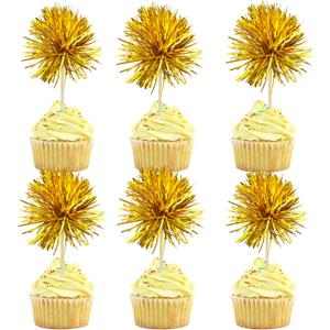 Gyufise 30Pcs Foil Firework Cupcake Toppers Sparkle Tinsel Cake Toppers Tinsel Drink Cake Decoration Cocktail Picks for Birthday Wedding Graduation Party Supplies Dark Gold