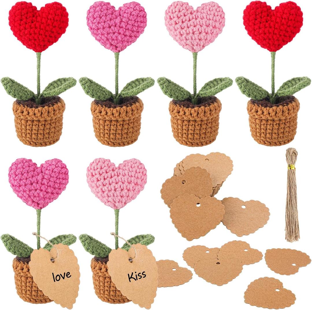 Hotop Mothers Day Crochet Heart Gifts Handmade Heart Potted Plant Artificial Knitted Plants with 50 Tags Strings Anniversary Birthday Mom Women Teacher Coworker Gift(Red, Pink, Rose Red,6 Pcs)