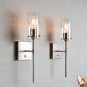 Battery Operated Wall Sconce with Remote Control Set of 2, Dimmable Wall Light Fixture Rechargeable, Nickel Wireless Wall Mount Lamp for Living Room Bedside Hallway Lounge, Bulb Included