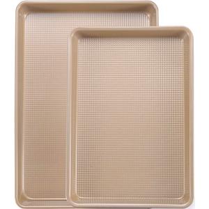 Cookie Sheets for Baking Nonstick, 2 Pack Heavy Duty 0.8mm Baking Sheet Pan Set Quarter(9x13in) & Jelly Roll(10x15in) with Diamond Texture, Gold Commercial Grade, Small Oven Safe