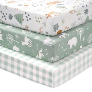 Baby Crib Sheets for Boys and Girls, 3 Pack Fitted Crib Sheets Neutral for 52x28 Standard Crib and Toddler Mattresses, Ultra Soft & Silky Smooth Microfiber Green Forest Bear