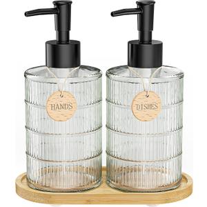 MASADI Soap Dispenser Set with Bamboo Tray, Dish and Hand Soap Lotion Dispenser Set with Wooden Pump for Kitchen and Bathroom Decor for Counter, Modern Vintage Liquid Soap Dispensers (Clear)