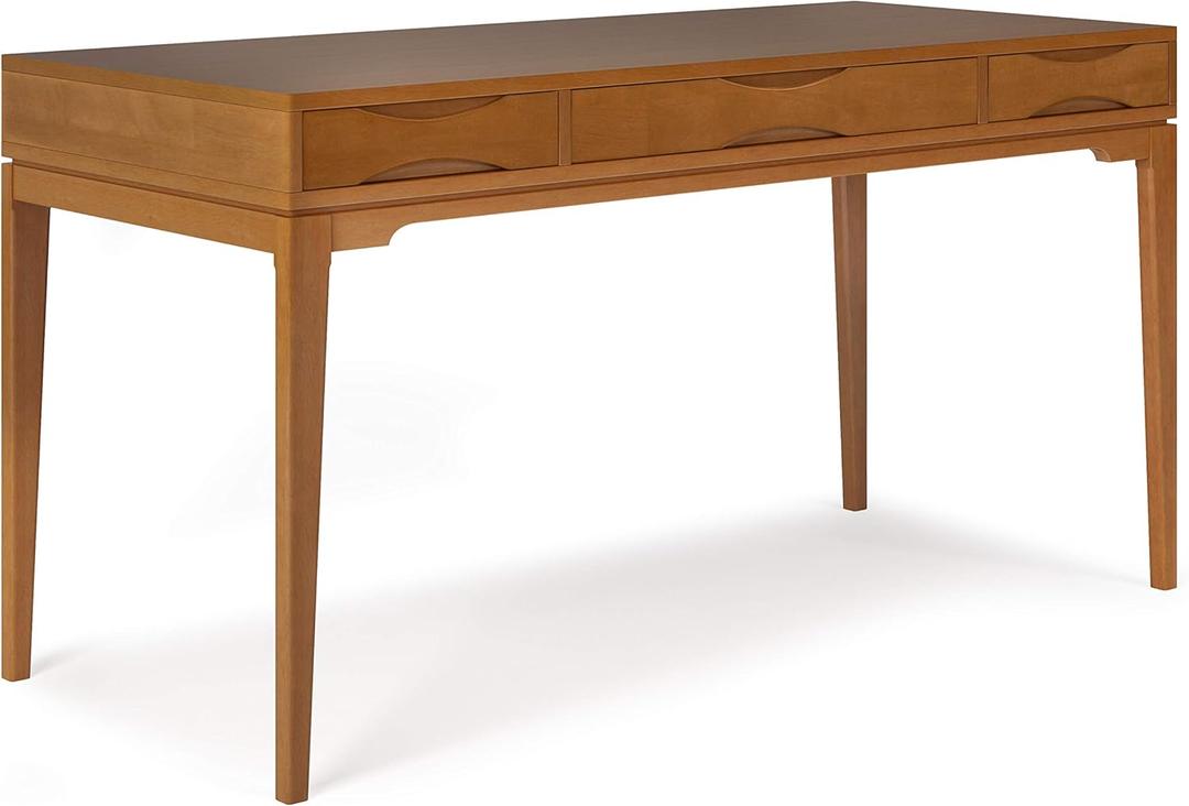 SIMPLIHOME Harper Desk - 60 Inch Wide Solid Wood Writing Desk in Light Golden Brown, Mid-Century Modern Home Office Computer Table for Study with 2 Drawers and Flip-Down Keyboard Tray