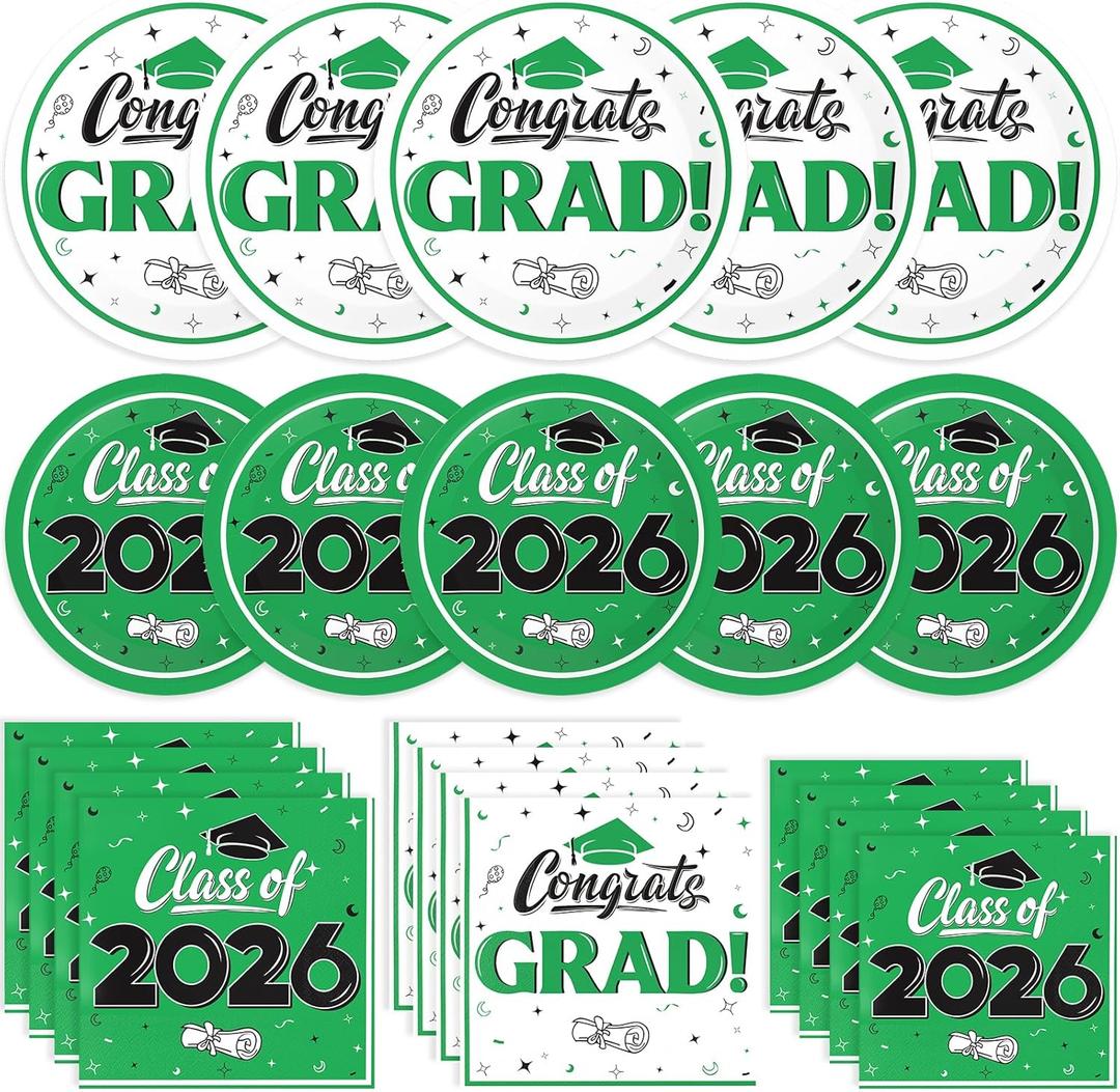 Graduation Decorations 2026, 200 Pcs Class of 2026 Graduation Party Supplies Kit with Paper Plates, Luncheon and Cocktail Napkins, Congrats Grad Decorations for 50 Guests (Green)