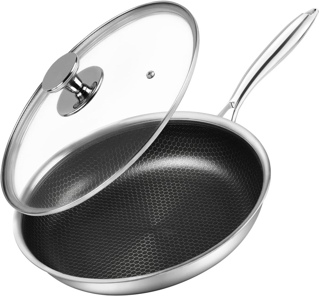 Innerwell 12 inch Tri-Ply Stainless Steel Frying Pan With Lid Large Nonstick Honeycomb Coatings Skillet for Eggs & Omelettes Non Toxic Healthy Omelette Pan Compatible W/All Cooktops