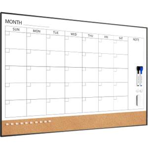 Dry Erase Calendar with Cork Board for Wall
36"x 24" Magnetic Calendar Whiteboard with Black Frame, Monthly Combination Board for School, Home, Office