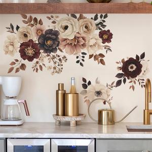 Elegant Peony Rose Flower Wall Stickers, sacinora Floral Art Wall Decals Removable Vinyl Peel and Stick for Living Room Bedroom Kitchen Nursery Home Decorations