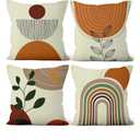 4 Pcs/Set Boho Abstract Pillow Covers Bohemian Sun Moon Rainbow Botanical Plants Geometric Strips Minimalist Linen Throw Cushion Cases for Couch Sofa Bedroom Decorative, 16"x16"