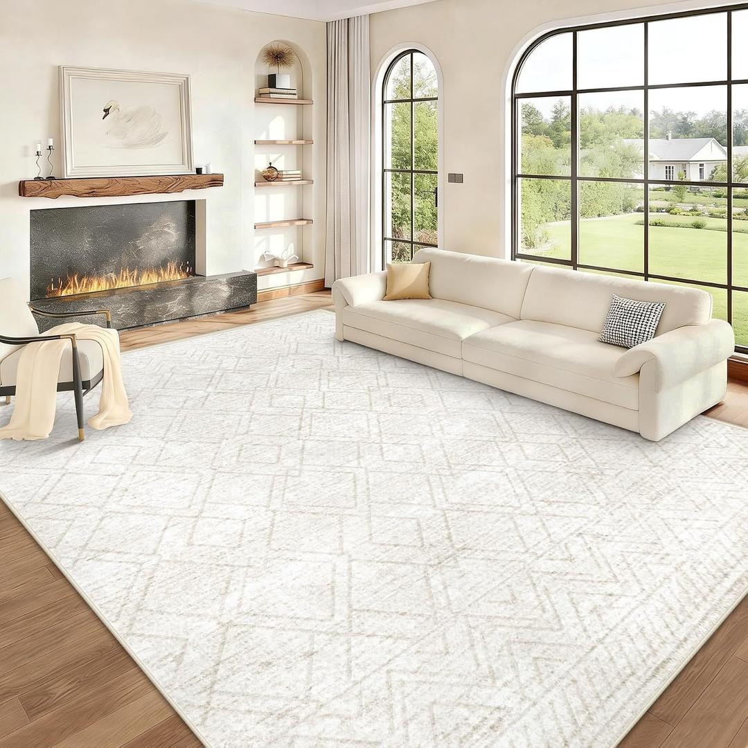 Area Rugs 8x10 Living Room Rug: Washable Geometric Moroccan Neutral Rugs Boho Modern Non Slip Area Rug Large Soft Indoor Floor Low Pile Carpet for Bedroom Dining Room Home Office (Beige, 8'x10')