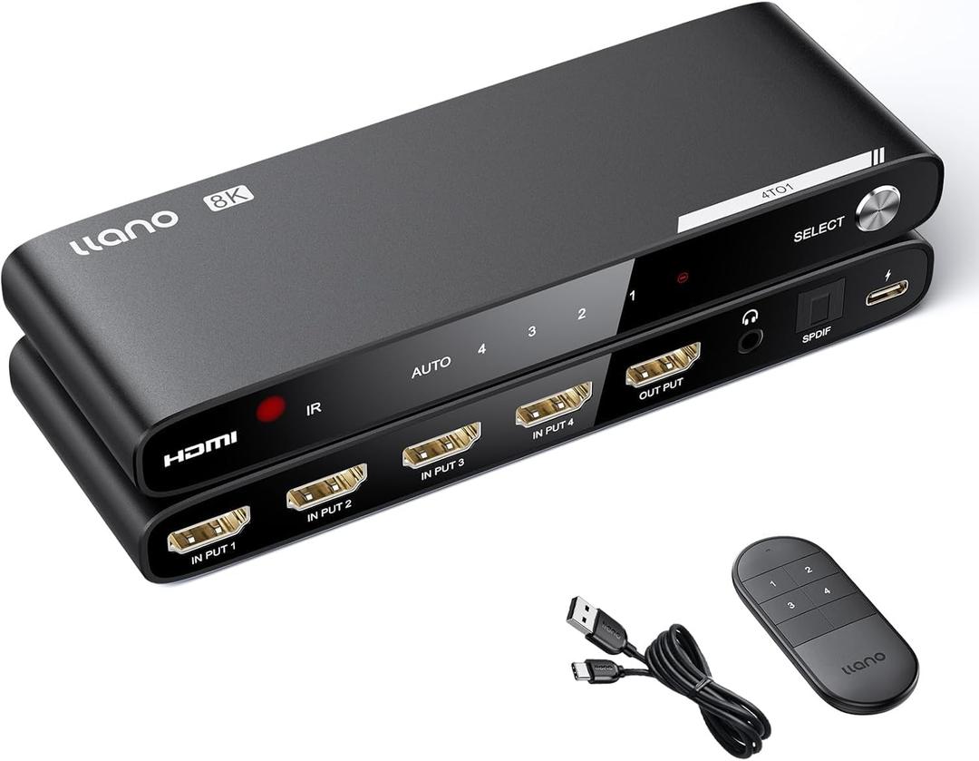llano HDMI 2.1 Switch 4K@120Hz HDMI Switcher with Audio Extractor (Optical & 3.5mm Out, SPDIF 7.1Ch, High Speed 48Gbps), 4 in 1 Out HDMI Audio Converter Compatible with PS4/PS5 Xbox Roku (Black)