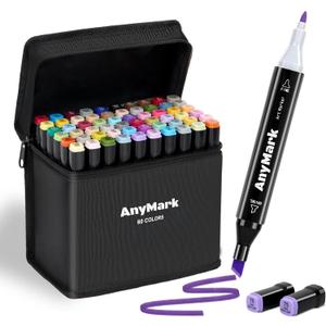 AnyMark Alcohol Markers, 60 Colors Dual Tip Art Coloring Markers Set for Adult Book Drawing Sketching Painting, Chisel & Fine, Black Penholder