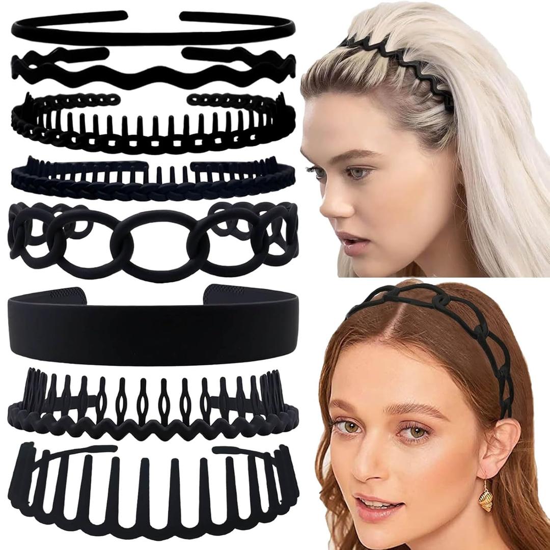 Set of 8 Non Slip Plastic Headbands for Women Men Teen and Girls, Black Nubuck Material Hair Bands, Wide and Skinny Head Bands with Teeth Comb (8 Styles) (1 Count (Pack of 8))