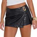 Just Quella Women Black Faux Leather Mini Shorts Elastic Waist Pu Leather Skort (Black, XS)