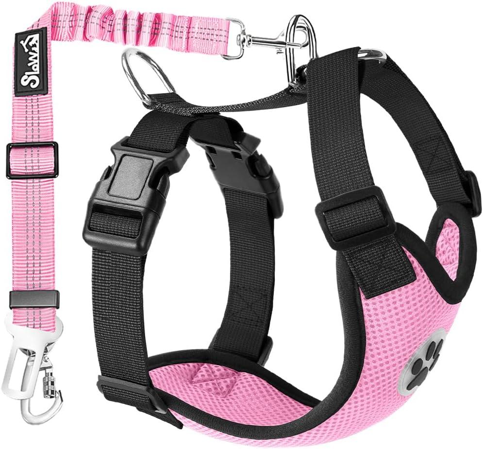 Lukovee Dog Seat Belt for Car, Adjustable Dog Car Harness for Large Medium Small Dogs, Soft Padded & Breathable Mesh Dog Seatbelt with Car Strap and Carabiner(Pink Double Clip,Medium) (B1- Pink (Double Clip 2 in 1))