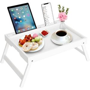 Artmeer Bed Tray Table with Folding Legs, Bamboo Breakfast Food Tray with Media Slot, Use As Platter, Laptop Desk, Snack, TV Tray Kitchen Serving Tray (White Large)