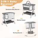 Baby Bassinet,3 in 1 Bedside Bassinet for Baby with Hanging Toys,Foldable Baby Bassinets Bedside Sleeper,4-Sided Mesh Bedside Crib with Wheels and Storage Basket,6 Height Adjustable (Light Grey)
