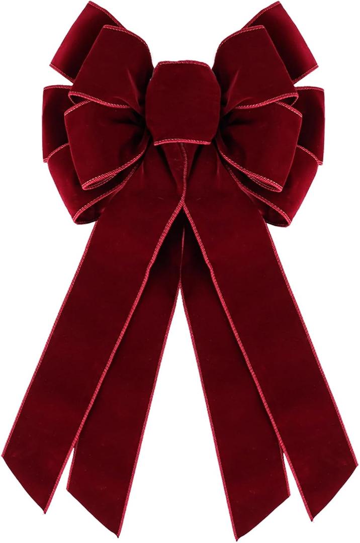 Large Burgundy Velvet Christmas Wreath Bow, 11 * 21" Xmas Premade Vintage Red Velvet Bow for Wreaths for Indoor Outdoor Tree Topper Door Garland Holiday Party Winter Decor
