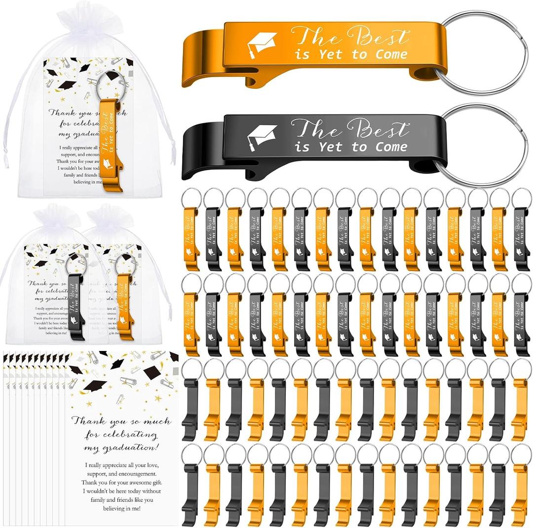 Jingmore 100 Sets Graduation Party Favors Bulk Class of 2026 Graduation Gifts Grad Cap Bottle Opener Keychain with Thank You Cards Class of 2026 Reunion Souvenirs Favors for Guests (Yellow,Black)