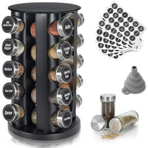 Tianifa Black Countertop Revolving Spice Rack, Empty 20-Jars Rotating Spice Rack Organizer, Round Carousel Tower, 135 Spice Labels with Funnel Complete Set, for Kitchen Countertop, Cabinet
