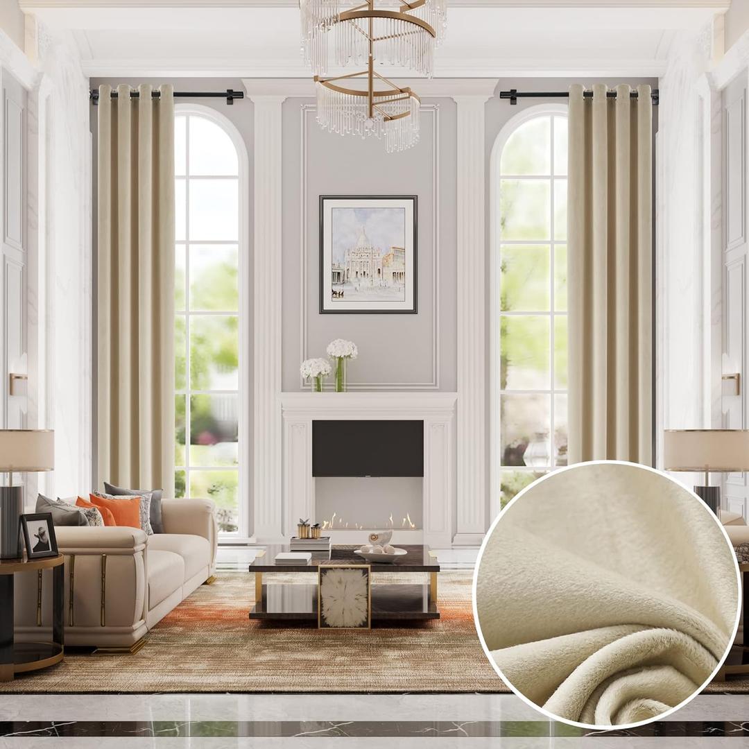 MASWOND Extra Long Velvet Curtains 14ft Length - Super Soft Thermal Insulated Grommet Large Window Drapes for High Ceiling Living Room Bedroom (52" W x 168" L, Beige, Cream, 1 Panel)