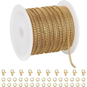 SMYHTGLIF 10 Meters Gold Stainless Steel Jewelry Making Chains - Curb Cuban Bulk DIY Craft Chain Spool for Jewelry Findings