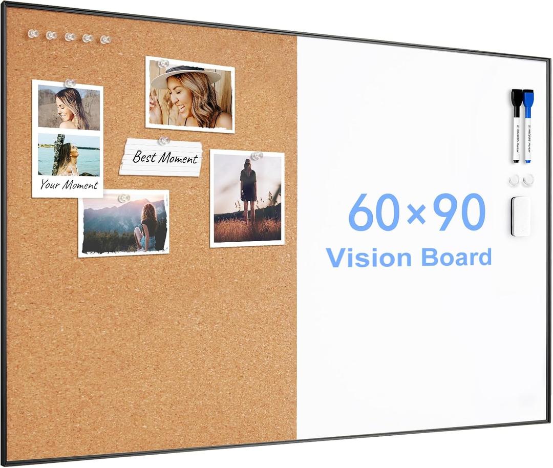 ARCOBIS Cork Board White Board Combo, 36 x 24 Inch Bulletin Board, Magnetic Dry Erase Board & Corkboard for Wall, Vision Board for Home, Office, School, Black Frame