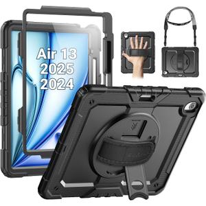 SEYMAC for iPad Air 13 Inch Case M3 2025/ M2 2024, Heavy Duty Shockproof Protective Case with Screen Protector, 360 Rotating Stand, Hand/Shoulder Strap and Pen Holder for iPad Air 13, Black