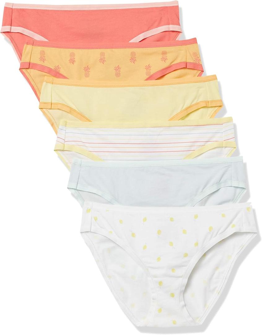 Amazon Essentials Women's Breathable Cotton Bikini Brief Underwear with Full Coverage, Multipacks (Lemon/Multicolor/Pineapple/Stripe, Small)