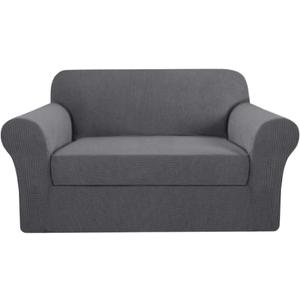 H.VERSAILTEX High Stretch Rich Jacquard 2-Piece Loveseat Slipcover/Furniture Covers for Loveseat with Elastic Bottom, Suit for T Cushion/Box Cushion Spandex Jacquard Fabric, Charcoal Gray