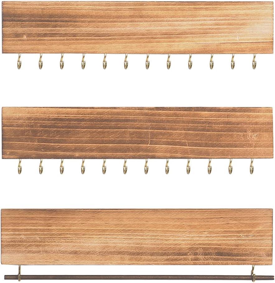 Hanging Jewelry Organizers, Wall Mounted Wood Jewelry Holder Necklace Bracelets Racks, Earring Holder, with Metal Bar and Hooks, Rustic Dcor, Gifts for Girls, Women, 3 pieces set /Pack, Natural