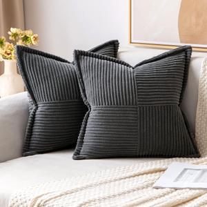 MIULEE Dark Grey Corduroy Decorative Euro Sham Pillow Covers 24x24 Inch with Splicing Set of 2 Soft Boho Pillow Covers Broadside Textured Pillowcases for Couch Bed Livingroom