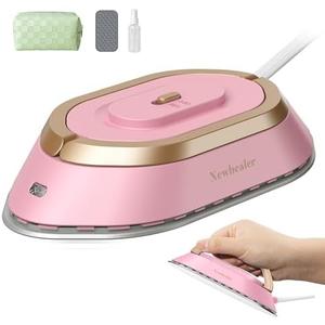 Newbealer Travel Iron with Global Voltage, 100-240V Mini Dry Iron for Clothes (No Steam), Max 300W, 60s Heat Up, 302℉ Non-Stick Ceramic Soleplate, 0.8lbs Ultra-Lightweight (Pink)
