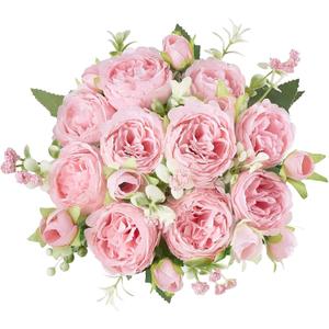 Mkono Peonies Artificial Flowers, Small Silk Flowers for Home Decor Indoor Fake Bouquet Faux Floral Arrangements Dining Table Centerpieces for Kitchen Party Decor Pink