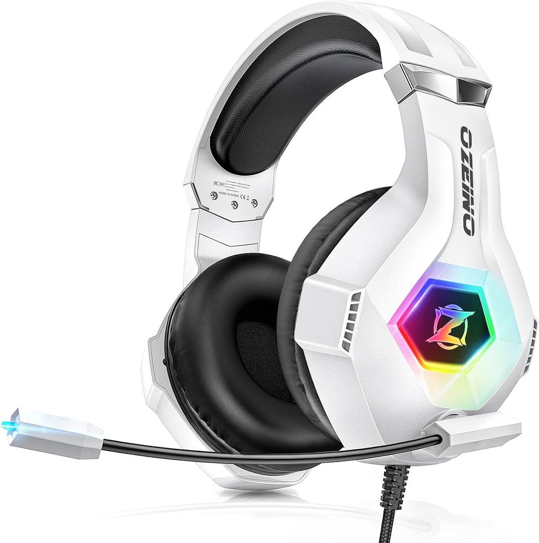 Ozeino Gaming Headset for PC, Ps4, Ps5, Xbox Headset with 7.1 Surround Sound Gaming Headphones with Noise Canceling Mic, LED Light Over Ear Headphones for Switch, Xbox Series X/S, Laptop, Mobile White