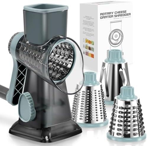 KEOUKE Rotary Cheese Grater Hand Crank Transparent - Shredder Slicer Grinder 3 Stainless Steel Blades, Stable Suction, Labor-Saving Handle, Safe Kitchen Tool for Cheese, Vegetable, Nuts, Chocolate